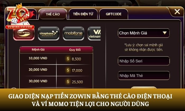 nạp tiền Zowin