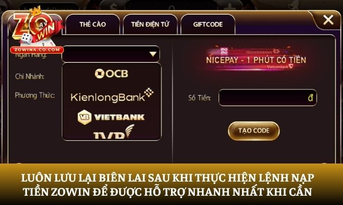 nạp tiền Zowin